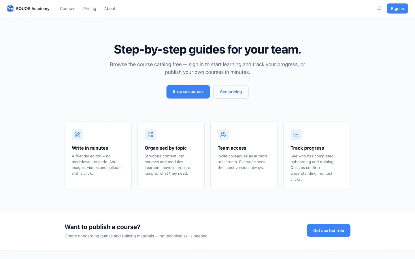 EQUOS Academy — step-by-step guides for your team, organised into courses with team access and progress tracking.