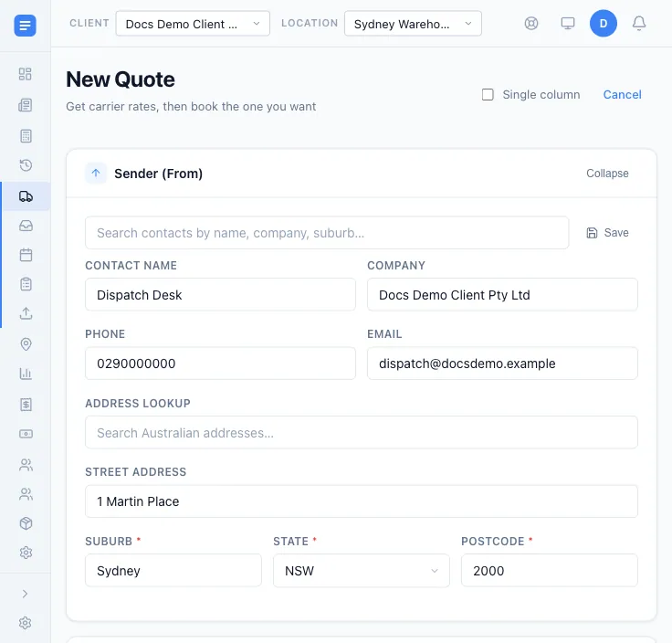 A new freight quote in EQUOS — sender details filled in, ready to get carrier rates and book.