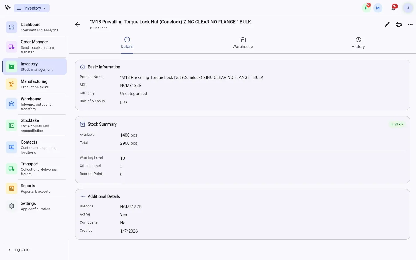 An EQUOS inventory item detail — basic information, stock summary with available and total quantities, and warning, critical, and reorder levels.