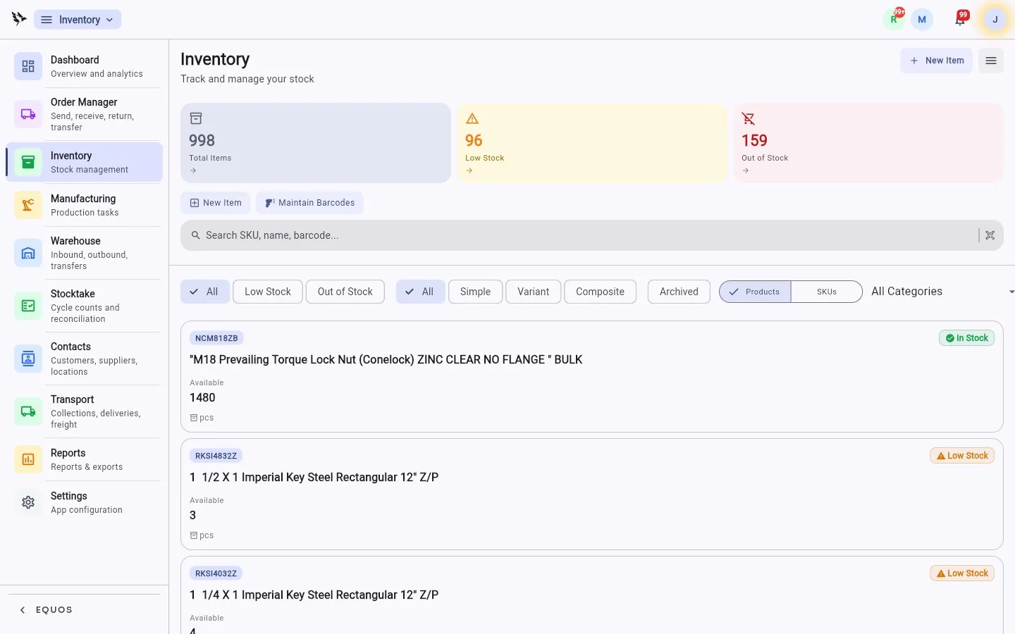 The EQUOS inventory list — total items, low stock, and out-of-stock counts above a searchable product catalogue with SKUs and stock status.