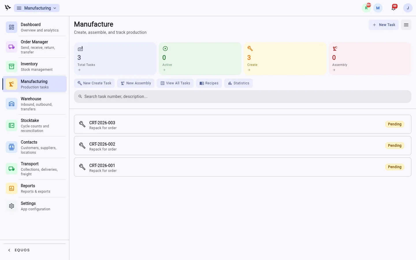 The EQUOS Manufacture module — total, active, create, and assembly task counts above a list of production tasks with status.