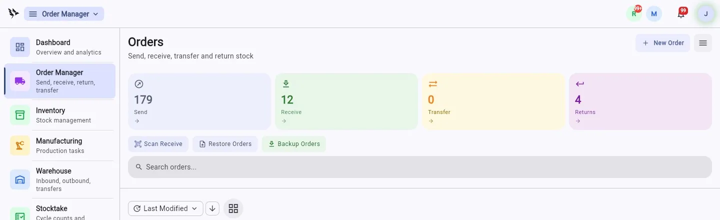 The EQUOS Order Manager — send, receive, transfer, and return counts across the order lifecycle.