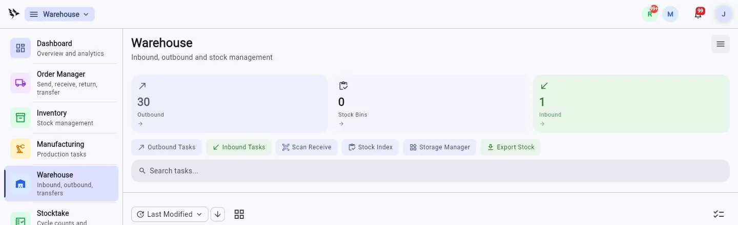 The EQUOS Warehouse module — outbound, stock bins, and inbound counts, with scan receive, stock index, and storage manager close to hand.
